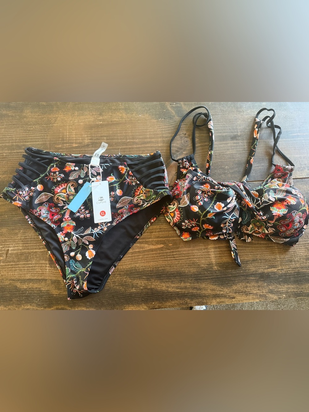 Cupshe Black Floral Strappy Two-Piece Bikini